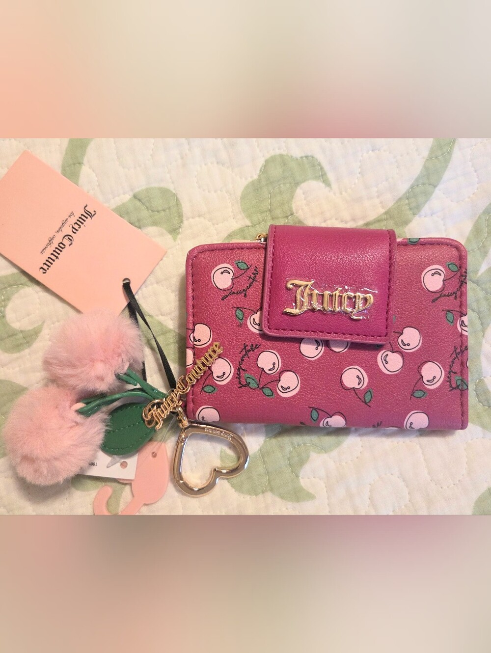 NWT Juicy Couture Cherry Girl Wallet with Pom Pom Heart Logo Charms